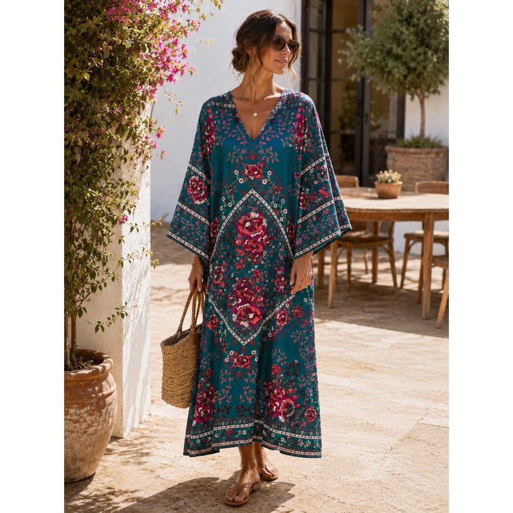 The J. Peterman Company Kaftan Dress Women L Boho Linen  Floral Cap Sleeve